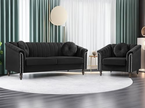 Living Room Furniture Set, Sectional Couches, Chesterfield Sofa Set, Fabric Loveseat Couch Set, 2-Piece Modern Sofa Set with Toss Pillows for Living Room/Bedroom/Office (Grey, Sofa+Loveseat)