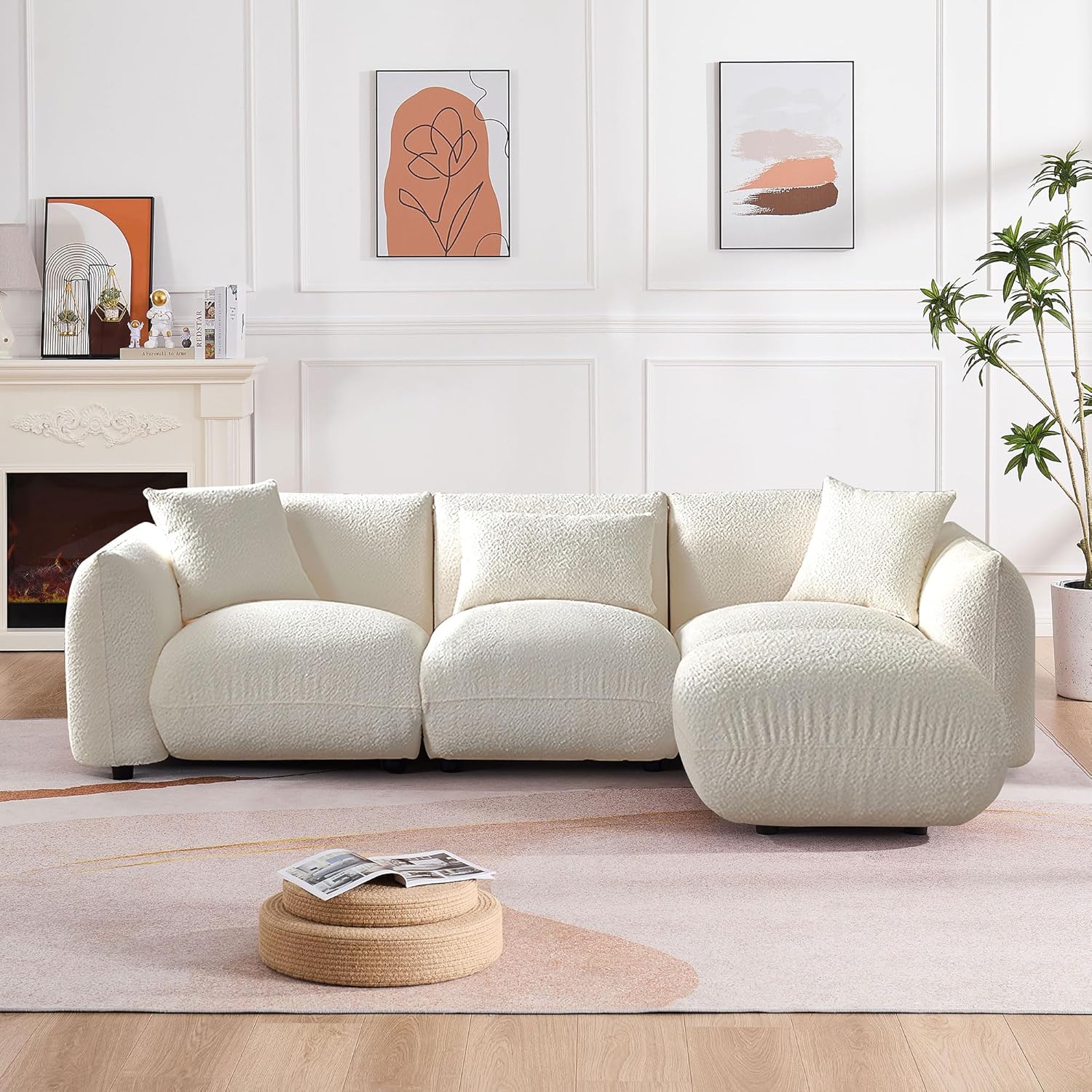 102.3" Sectional Sofa, Modern Couch for Living Room with Moveable Ottoman, Comfy Upholstered Furniture for Living Room, Apartment, Studio, Office, Beige