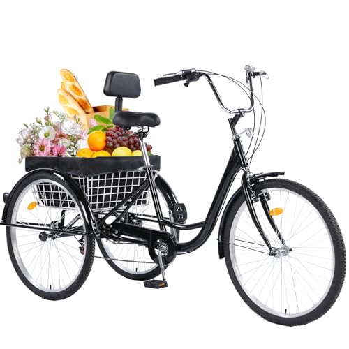 Versatile 24/26-Inch 3-Wheel Adult Tricycle with 7-Speed Gearing and Spacious Basket for Comfortable Riding and Storage for Recreation, Shopping, Picnics