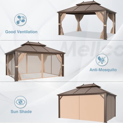 MELLCOM 12'x16' Hardtop Gazebo, Galvanized Steel Metal Double Roof Canopy with Curtains and Netting, Brown Permanent Pavilion Gazebos with Aluminum Frame for Garden, Patio, Lawns, Deck