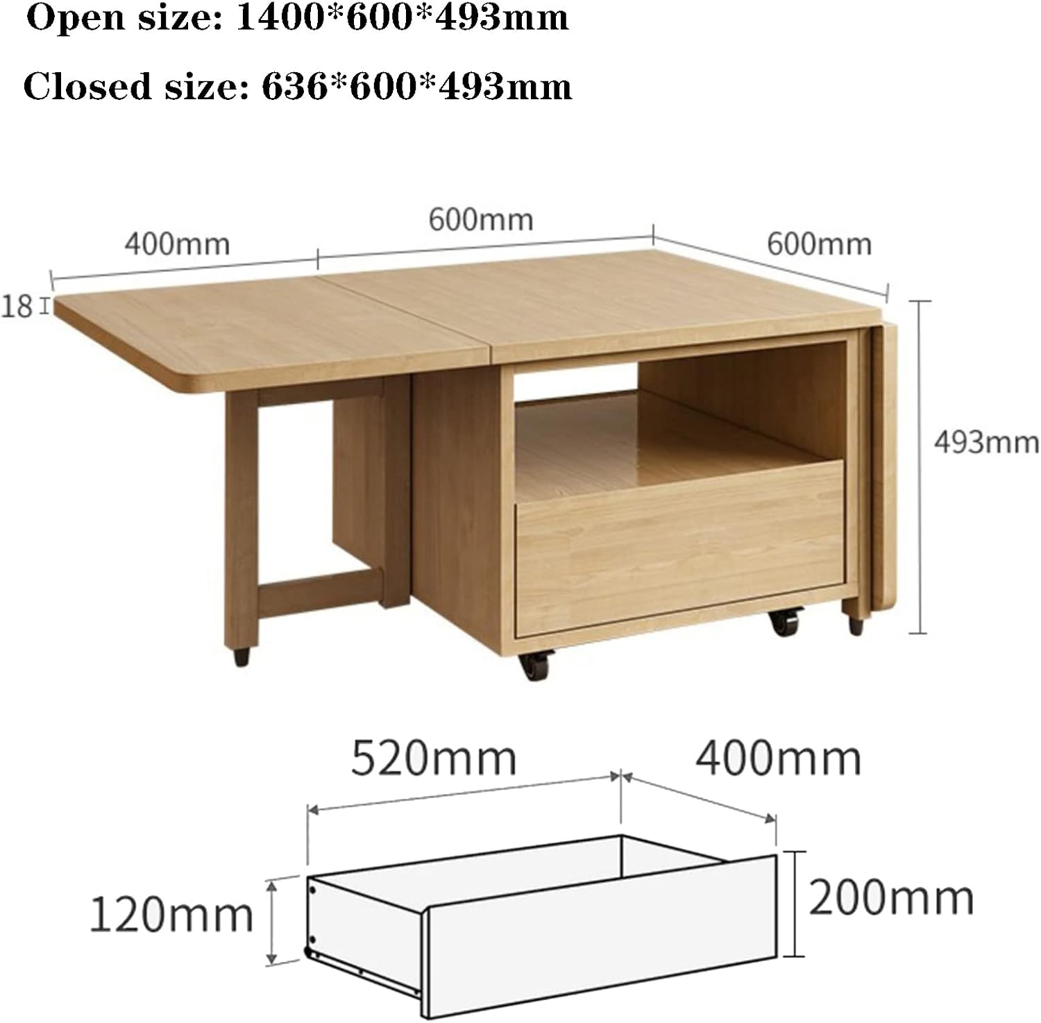 Folding Coffee Table, Multifunctional Dining Table, Solid Wood Drop-Leaf Tea Table with Rollers, Save Space, for Living Room Dining Kitchen Bedroom Furniture, 1.4m, Wood Color