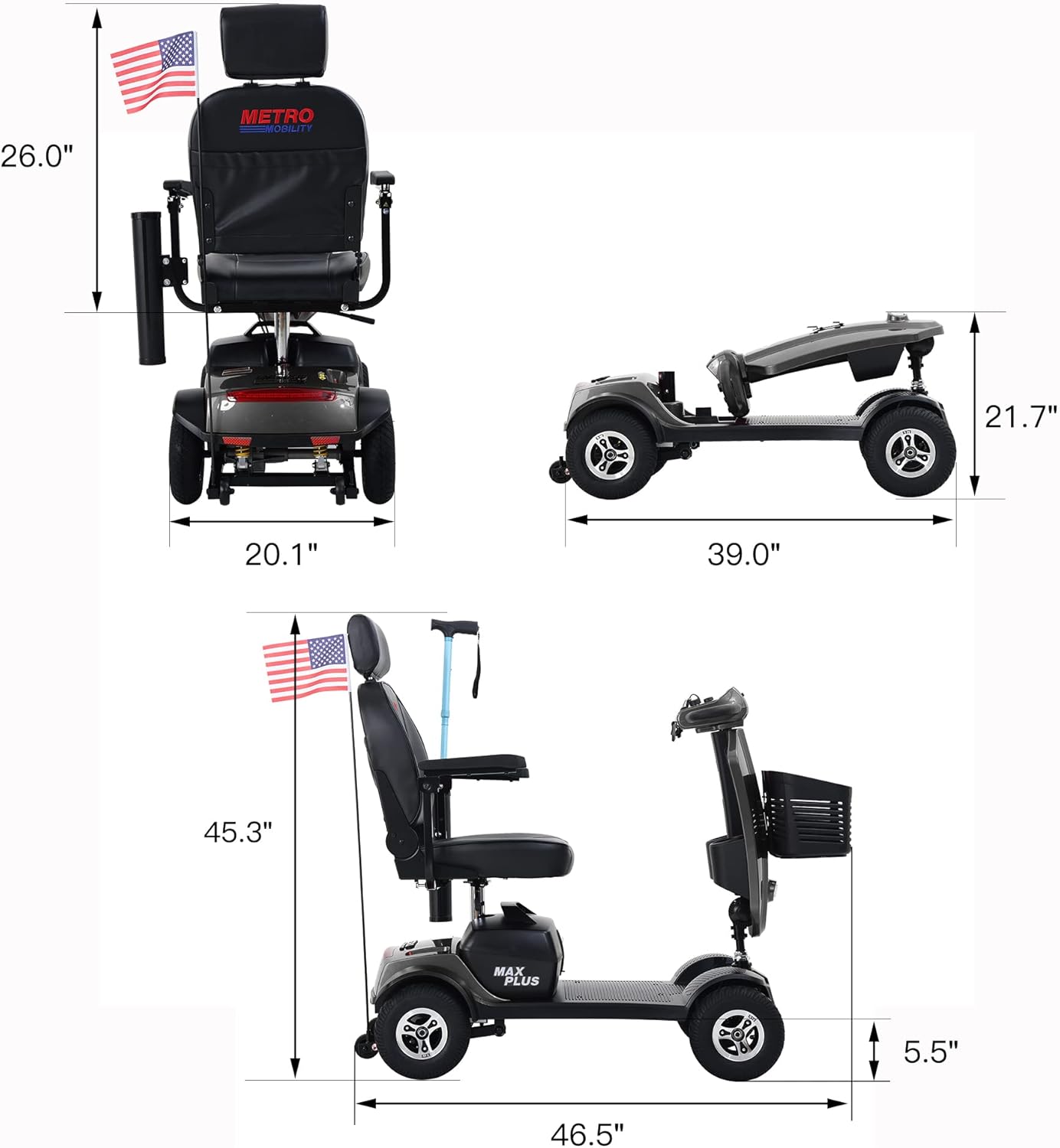 Metro Mobility 4 Wheel Motorized Scooter for Adults - 300 lbs Capacity Powered Mobility Scooters for Seniors, Travel - 9'' Large Pneumatic Tires & Crutch Box - Grey