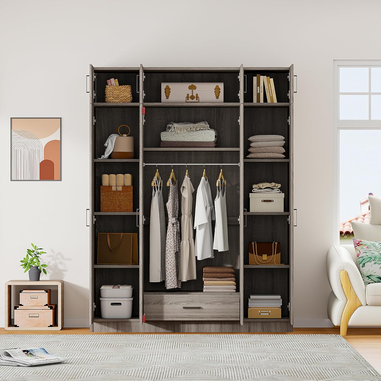 4-Door Armoire Wardrobe with Drawer and Top Cabinet, Storage Organizer w/Shelves & Clothing Rods, 80.8" H Wooden Freestanding Closet for Bedroom, Gray