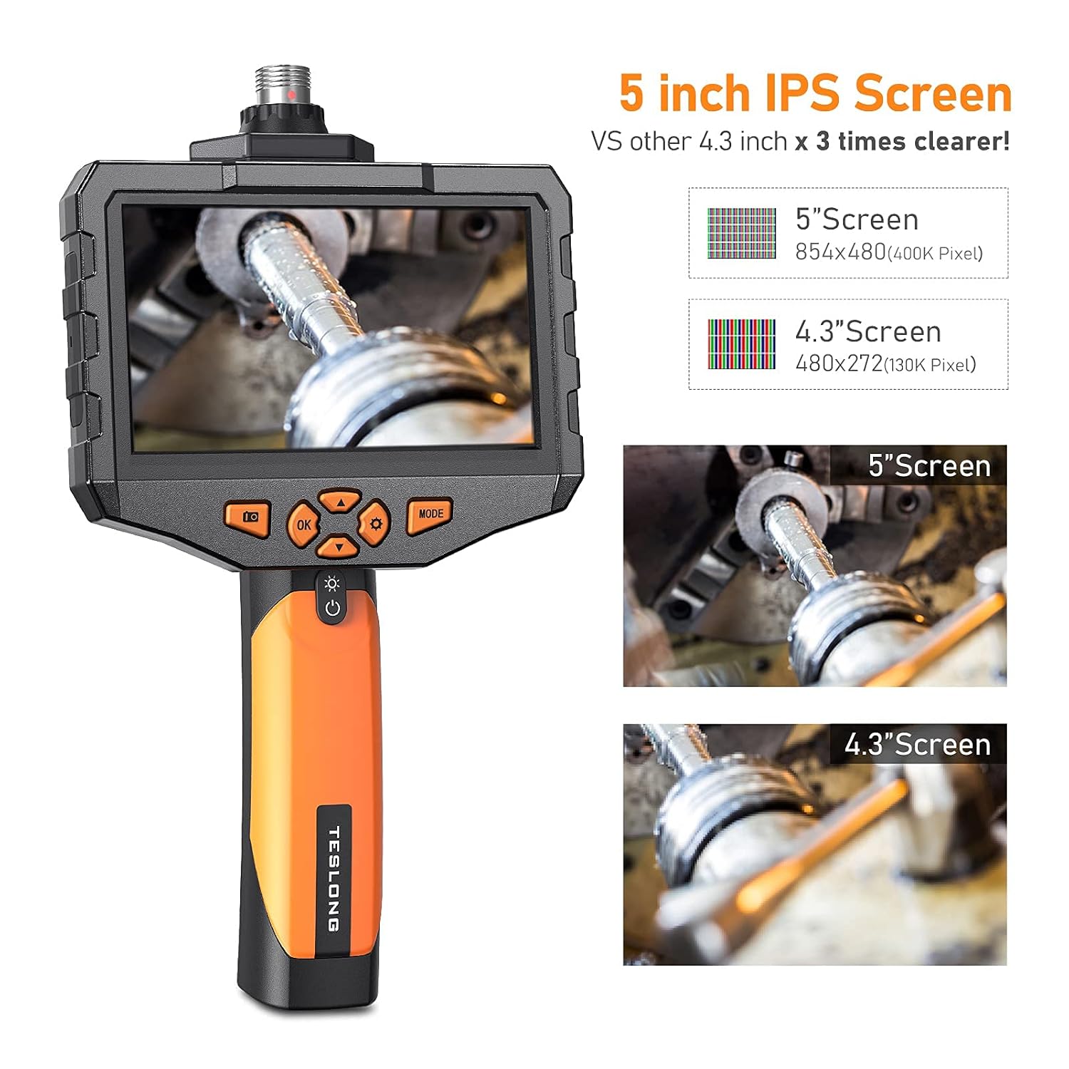 Dual Lens Endoscope Camera, Teslong 5inch IPS Industrial Borescope Inspection Camera with Light, for Automotive HVAC Plumbing, 1080P HD Waterproof Probe, 16.5ft Gooseneck Snake Cable & Tool Case