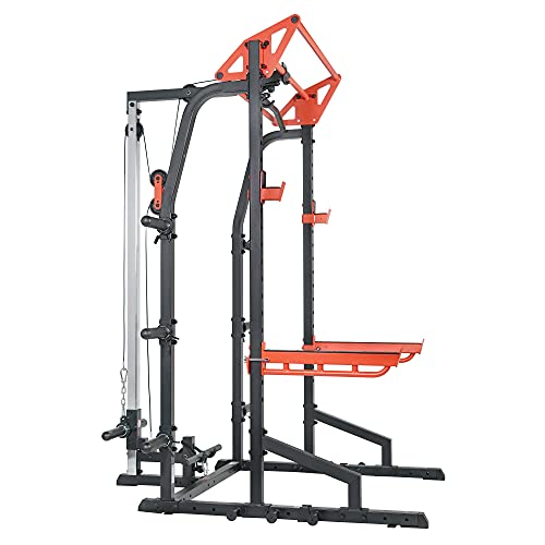 Sunny Health & Fitness Power Zone Half Rack Heavy Duty Performance Power Cage with J-Hooks, Adjustable Pull Up Bar Optional Bench with Dumbbell Rack, Premium Incline Bench, LAT Pull Down Attachment