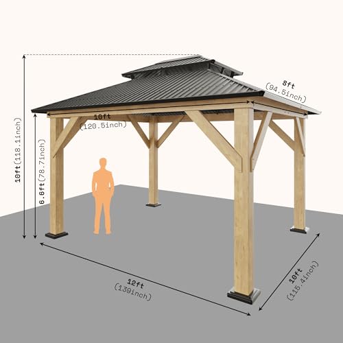 AMERLIFE 10x12 Wood Gazebo, Hardtop Gazebo with Aluminum Double Roof, Outdoor Gazebo with Wood Frame for Parties, Backyard, Lawns, Patio, Black + Natural Wood