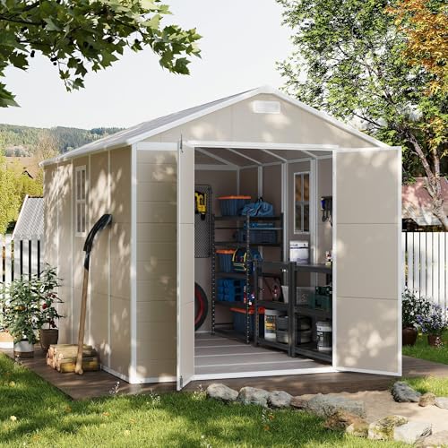 UDPATIO Outdoor Storage Shed 6 x 6 FT, Resin Garden Sheds with Floor Plastic Patio Outdoor Storage Shed with Lockable Door for Tool, Bike, Garbage Gray White