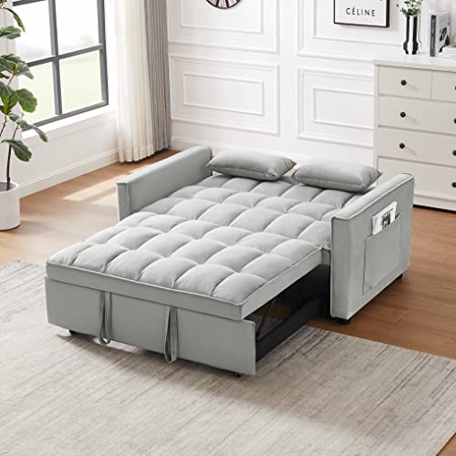 Futon Sleeper Sofa Bed Couch - Velvet 3 in 1 Convertible Sleeper Sofa w/Pullout Bed, Small Love Seat Lounge Sofa w/Reclining Backrest, Toss Pillows, Pockets for Living Room (Grey)