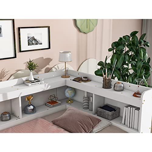 Full Size Platform Bed with Two Storage Drawers and L-Shaped Bookcase, Wooden Captain Bed Frame with Bookcase Headboard, Corner Bed Frame for Bedroom, No Box Spring Needed (Grey)
