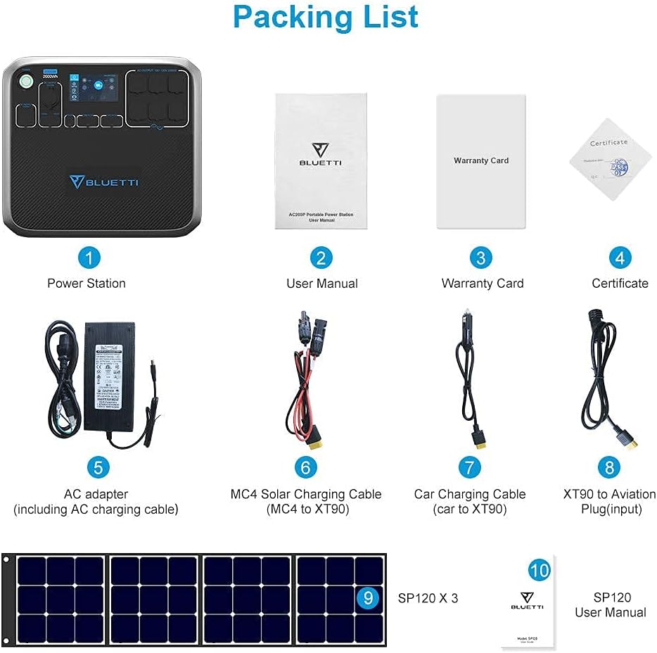 BLUETTI AC200P Portable Power Station with Solar Panel Included 2000W Solar Generator Kit with 3pcs 200W Foldable Solar Panel, 6 120V AC Outlet Lithium Battery Backup for Home Use Outdoor Camping Van