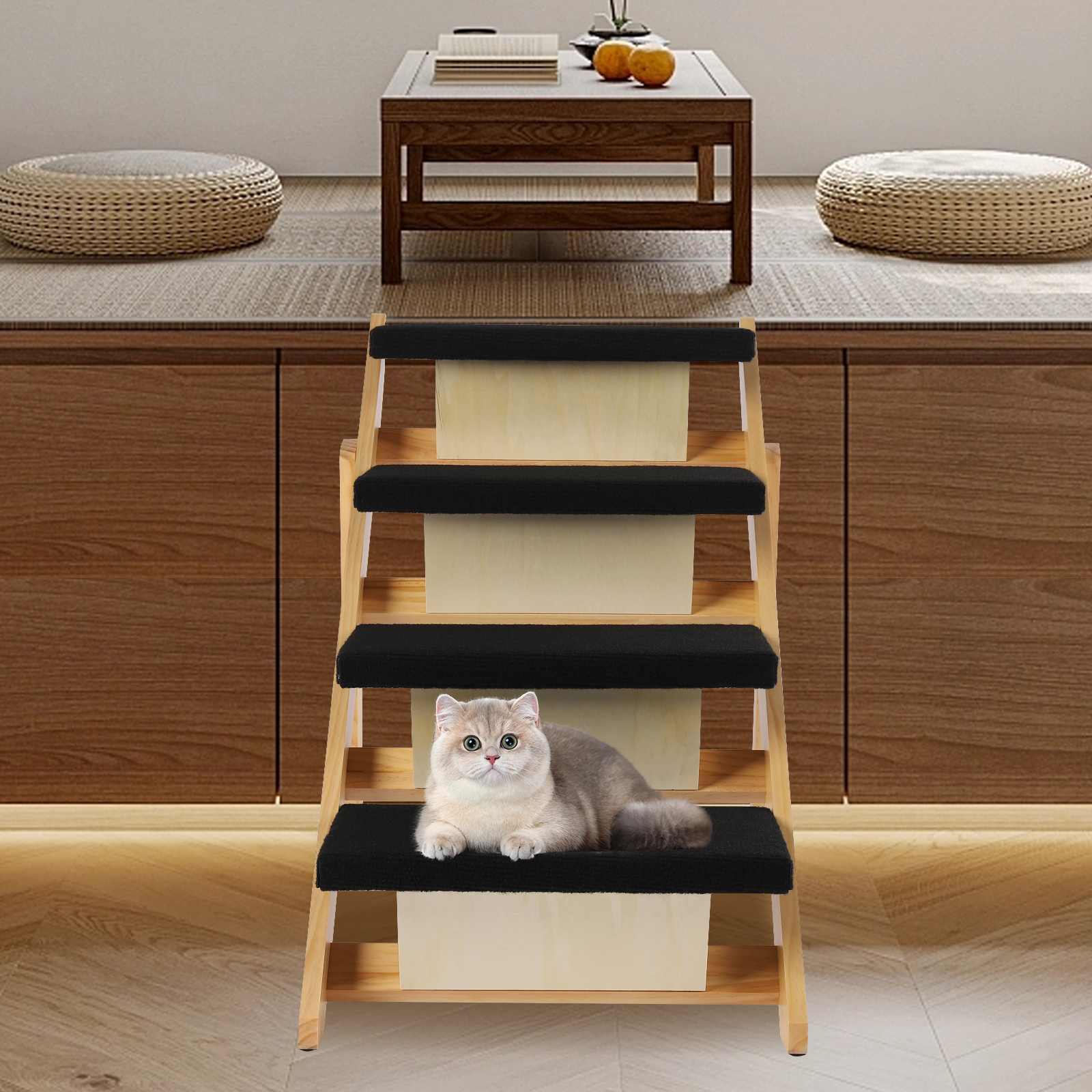 Oukaning Pet Stairs 2-in-1 Dog Ramp Cat Dog Stairs Foldable Pine Wood Natural + Black