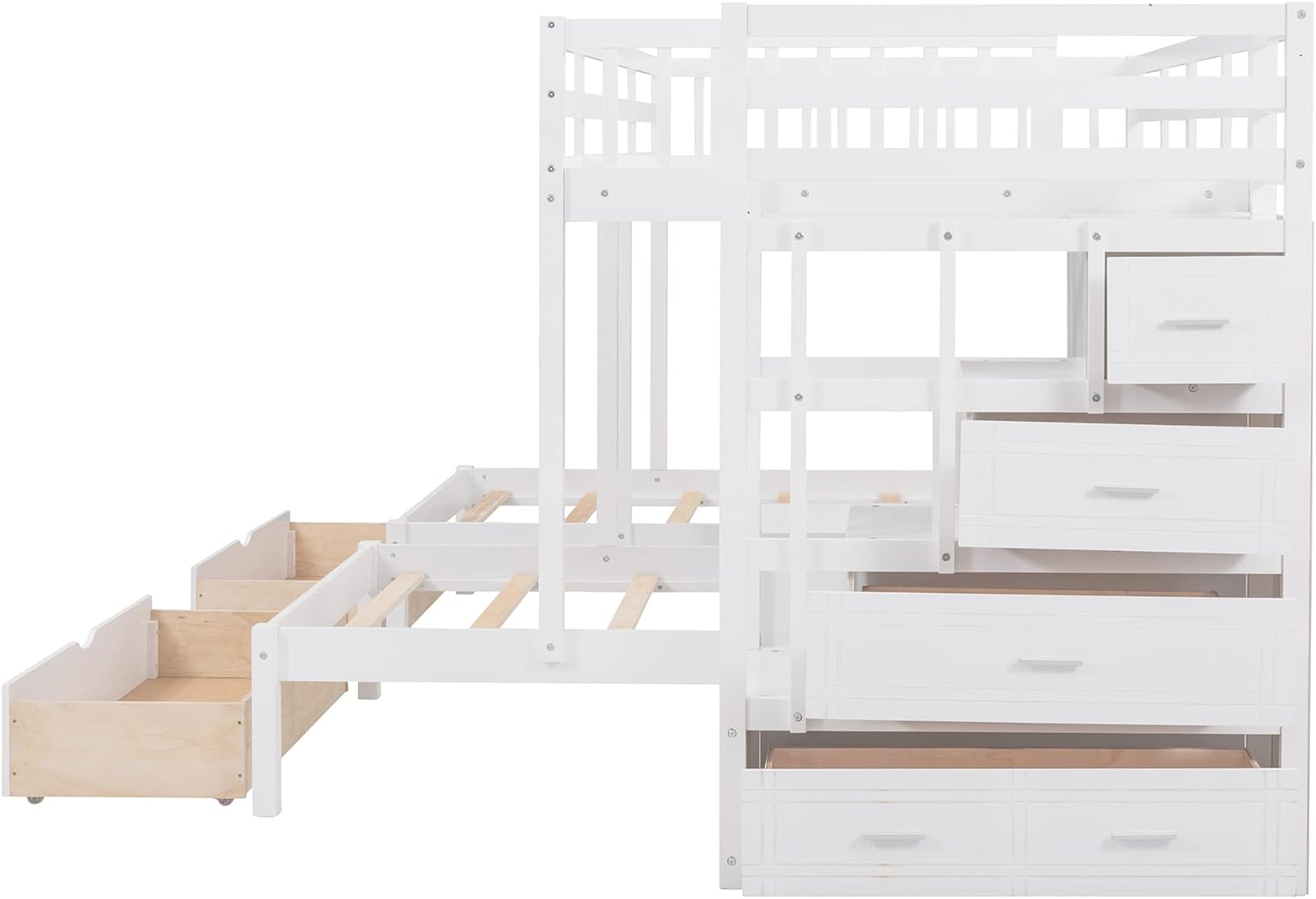 SOFTSEA L-Shaped Triple Bunk Beds with Staircase Corner Bunk Bed with 2 Storage Drawers, Full Over Twin & Twin Bunk Beds for Kids, Triple Bunk Beds with Stairs and Drawers