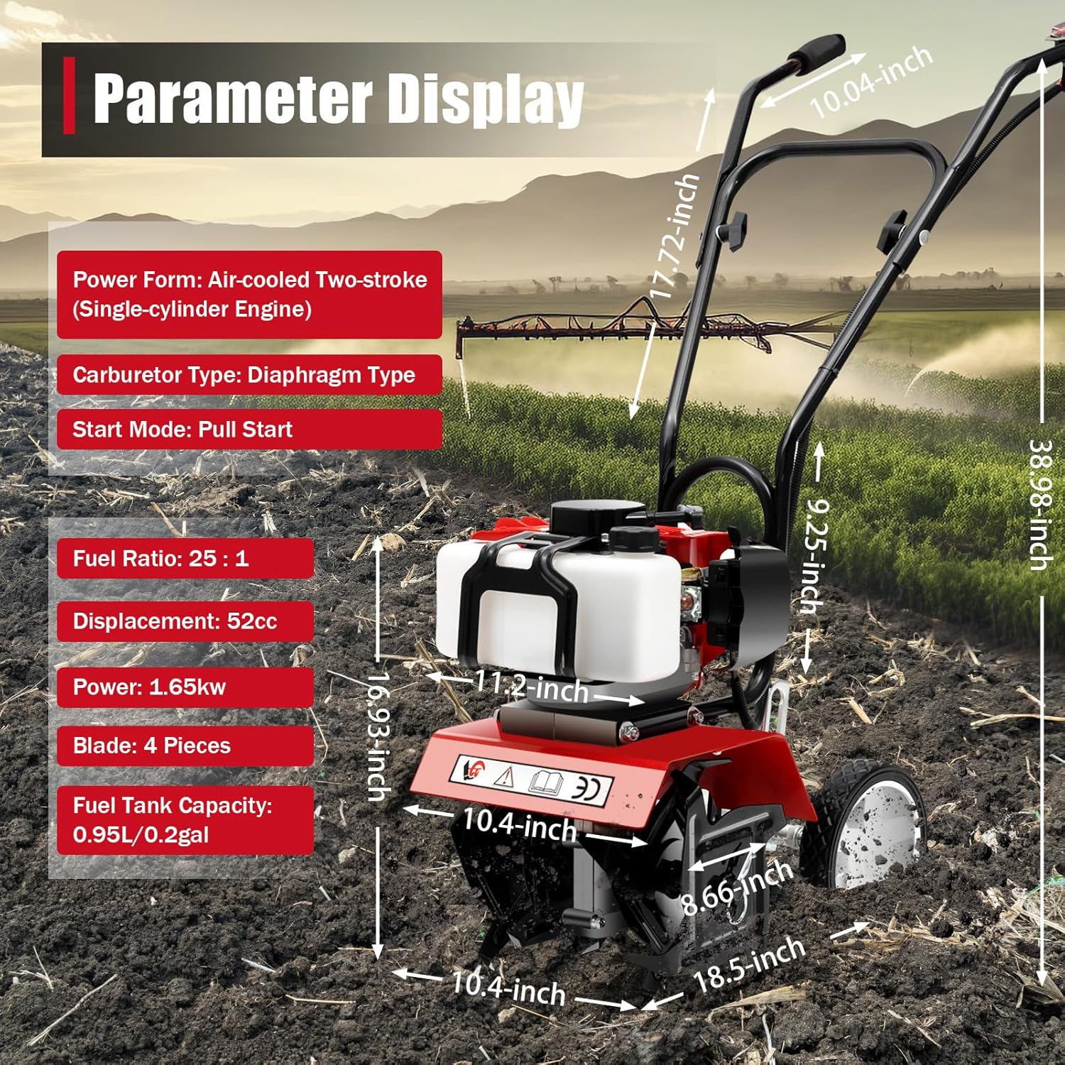 Mini Tiller Cultivator, Powerful 52cc Two-stroke Single-cylinder Gasoline Engine, Gear Drive Transmission, Height Adjustable Wheels, for Gardening