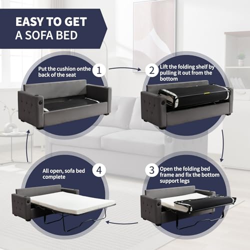 2-in-1 Pull Out Sofa Bed, Convertible Loveseat Sleeper Couch, Pull Out Couch w/Memory Foam Mattress & Metal Bed Frame, Sleeper Sofa Bed w/Cup Holders & USB for Living Room-Queen,Beige