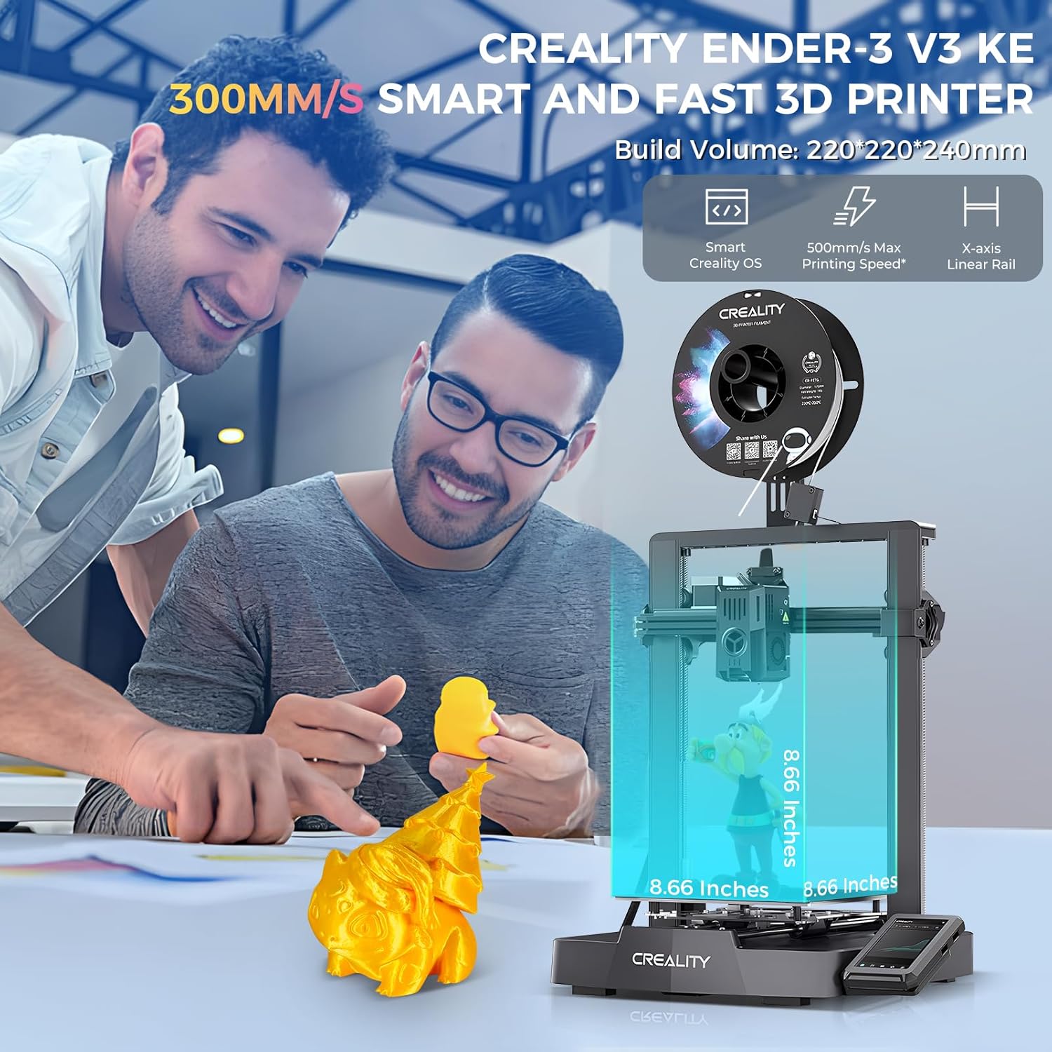 Creality Official Ender 3 V3 KE 3D Printer 500mm/s High-Speed Printing Self-Test Dual Z-axis Double Linear Shafts on Y-axis Superior Hotend Double Fans Cooling with Creality Hyper 3D Printer PLA White