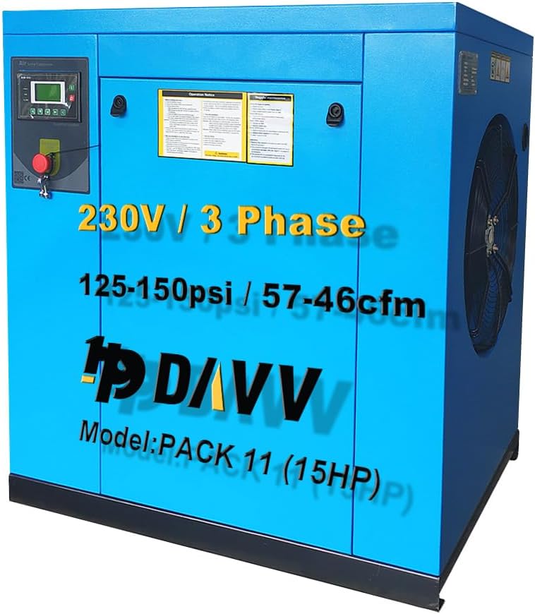 208-230V 3-Phase Rotary Screw Air Compressor 15HP / 11KW - 46CFM @ 125PSI - NPT3/4" Base Mount Commercial Air Compressed System Spin-on Air Oil Separator - PACK11