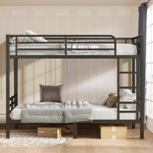 Twin XL Over Twin XL Bunk Bed, Metal Bunk Bed Frame Heavy Duty Bunk Beds Loft Bed Frame with Ladder and Guardrail Metal Slats No Box Spring Required for Adults Teens, Black