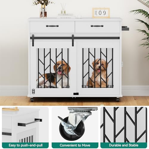 YITAHOME Dog Kennel Furniture for 2 Dogs, 39 inch Double Dog Crate with Storage Drawers, Indoor Wooden Dog House Heavy Duty for 2 Small Medium Dogs, Brown