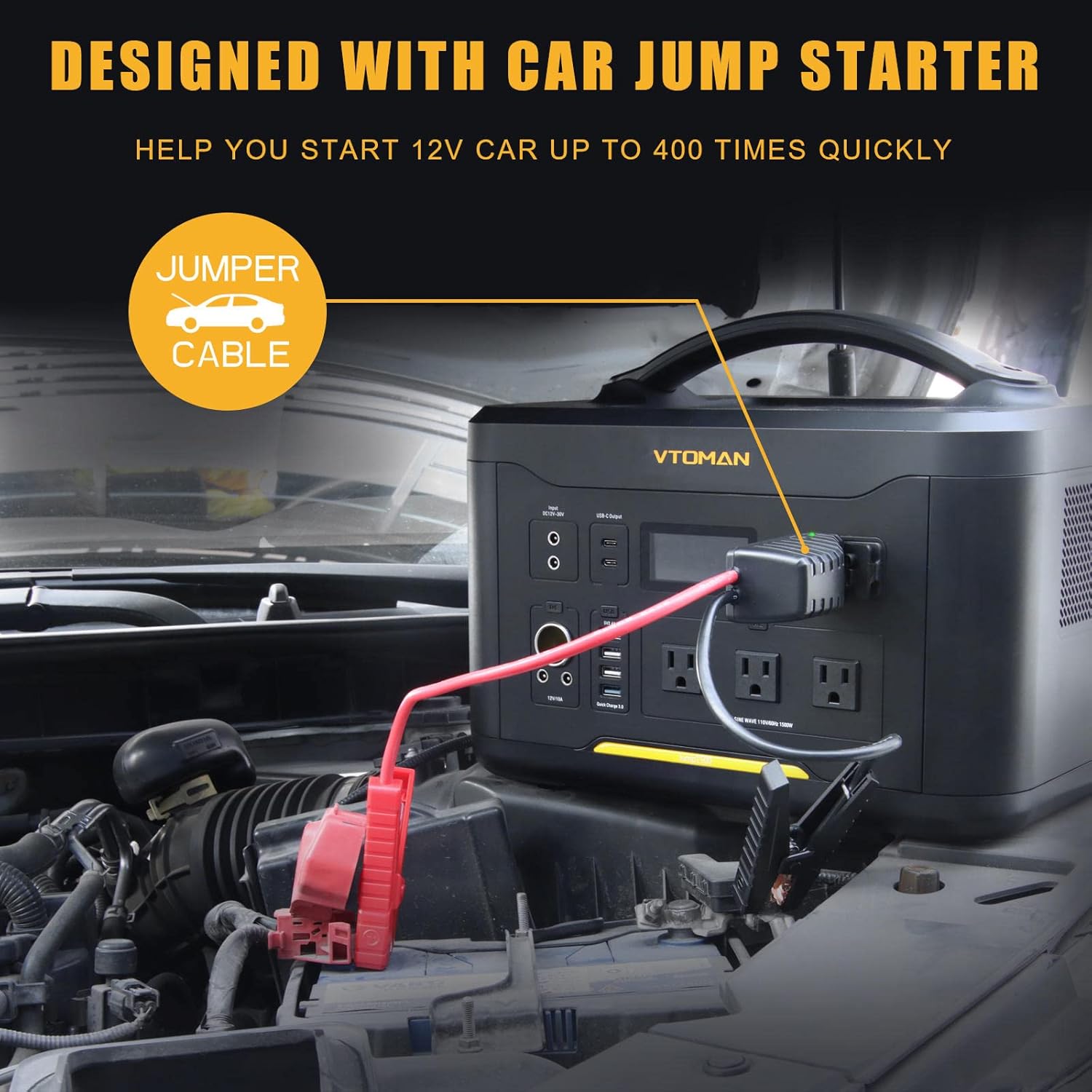 VTOMAN Jump 1500 Portable Power Station with Jump Starter, 1500W/1548Wh LiFePO4 Battery Station with AC 1500W(Peak 3000W)/PD 100W/QC3.0/DC 12V, Battery Powered Generator for Outdoor RV/Van Camping