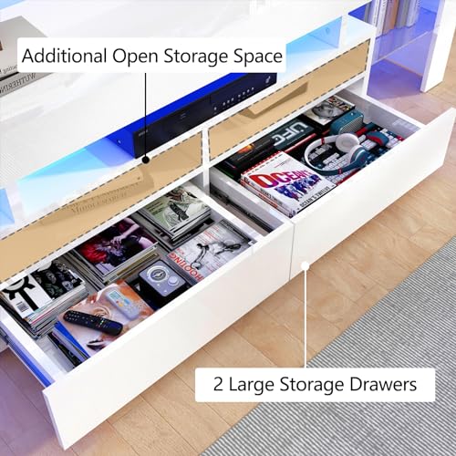 70in TV Stand for 75/80 inch TV,Modern LED TV Stand for Living Room,Black TV Stand,High Gloss TV Entertainment Center with Storage Drawer,APP RGB Light,TV Console(71in White)