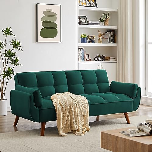 76 Inch Futon Sofa Bed, Modern Tufted Linen Fabric Convertible Sleeper Sofa with Adjustable Positions and Solid Wooden Legs, Comfy Split Back Sofa Couch with Pillow Top Arm for Living Room, Yellow
