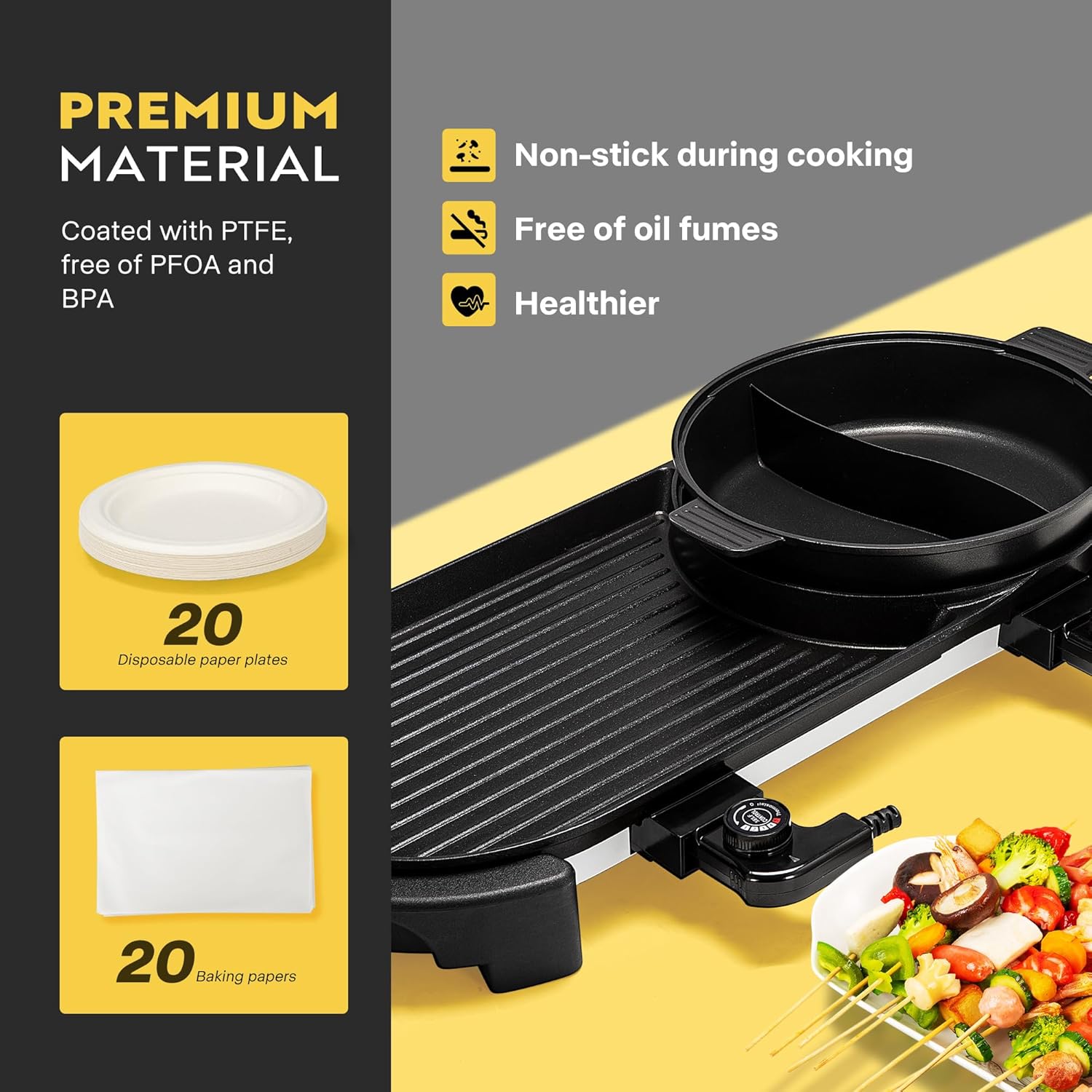 VIVOHOME 2200W Electric Hot Pot with Grill, Removable Shabu-shabu Pot w/Non-stick Baking Pan, Separate Temperature Control 2-IN-1 Hotpot BBQ for 1-6 People Family Dinning