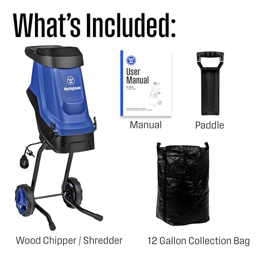 Westinghouse 1.7-Inch 15 Amp Corded Electric Mulcher Chipper Shredder with 12 Gallon Collection Bag for Easy Cleanup Ideal for Branches and Twigs