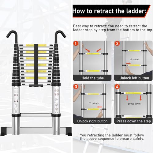 Telescoping Ladder with Hooks 12.5 FT - Aluminum Telescopic Ladder with Stabilizer - Retractable Extension Ladders for Home Loft Roof RV Work with EN131 Certification - 330lbs Max Capacity