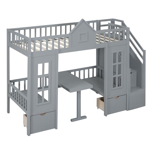 Full Over Full Bunk Beds with Stairs for Kids/Teens, Wooden Convertible Bunk Bed with 2 Storage Drawers, Down Bed Can be Turned Into Desk and Seat, White