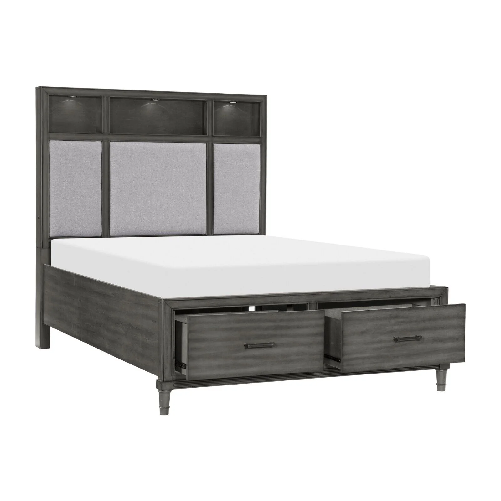 Transitional Style Platform Bed Queen Size w Footboard Storage USB Port Bookshelves LED Light Headboard Modern Furniture