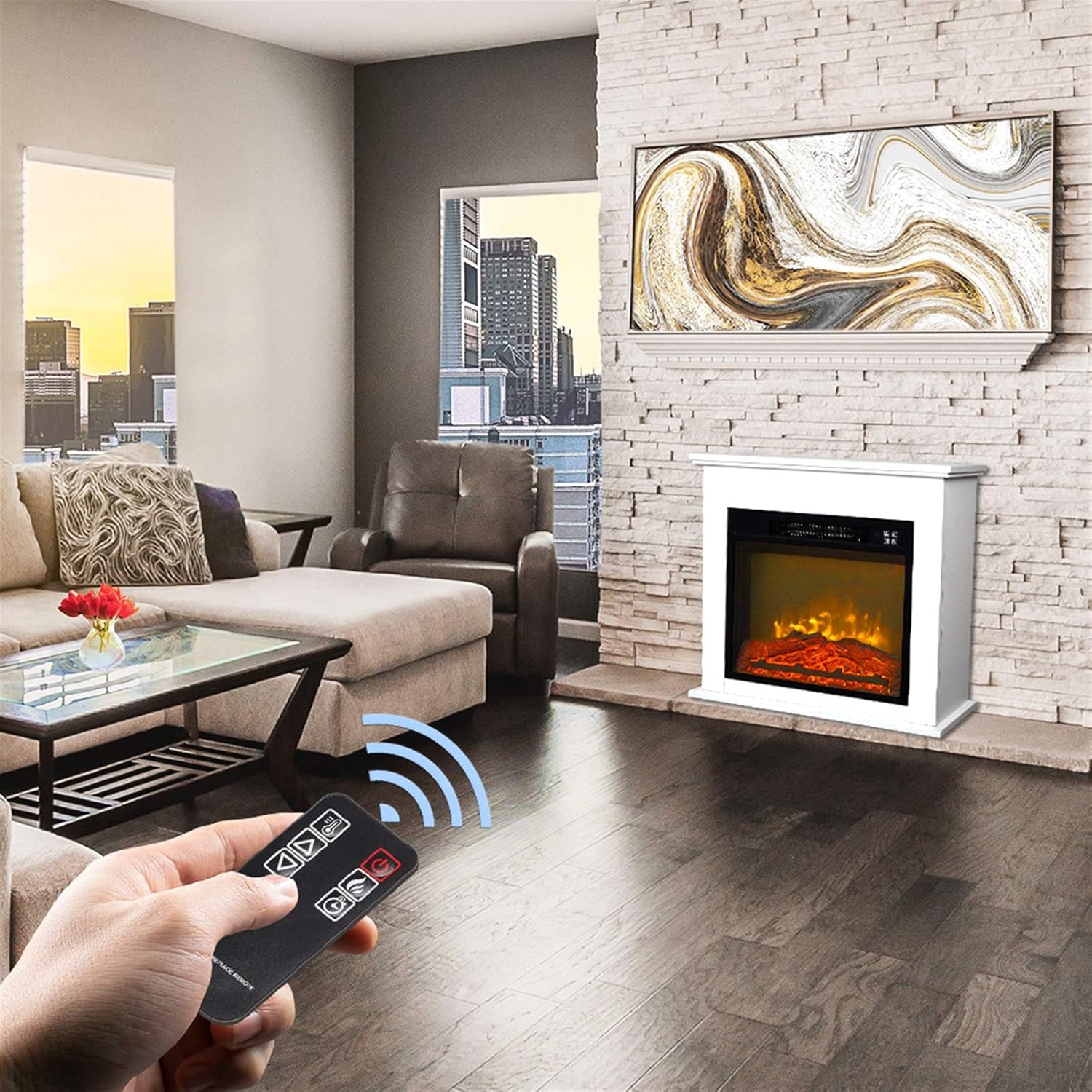 Electric Fireplace - 24.8 Inch White Wood Fireplace Cabinet with Mantel Package Freestanding Fireplace Heater , Fireplaces Stove Heater with Auto-Shutoff,Overheat Protection and Remote Control