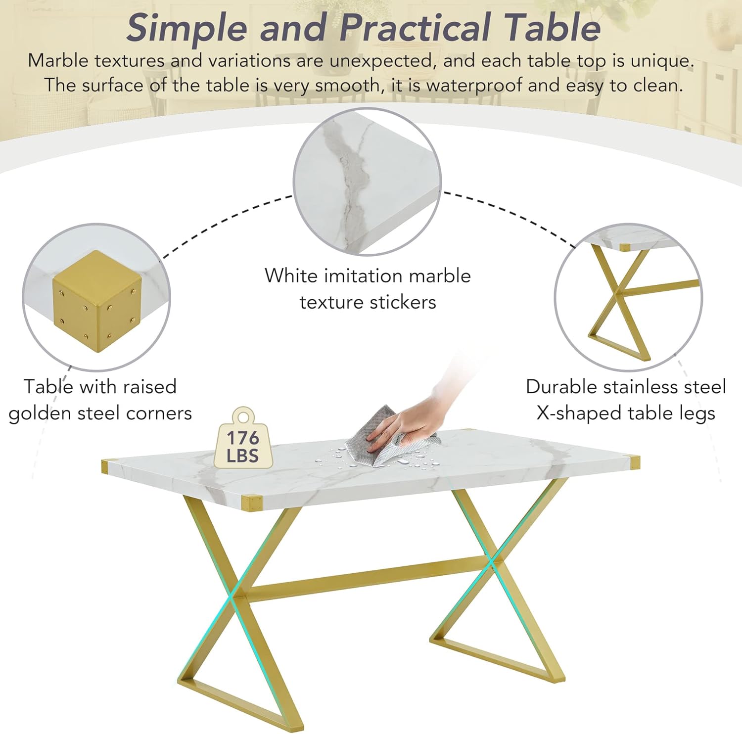 RITSU Modern 7-Piece Dining Table Set, Rectangular Marble Texture Surface and 6 Pu Leather Chairs, X-Shaped Golden Steel Tube Legs, Suitable for Living Rooms, Apartments, White, 60inch