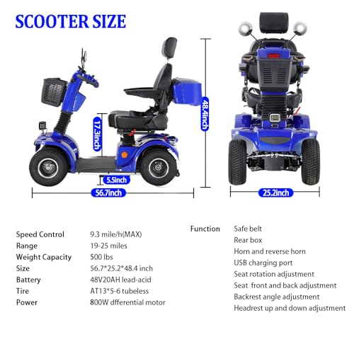 Heavy Duty Mobility Scooters for Seniors & Adults 4 wheel 500lbs Capacity - Electric Powered Chair,800W 20Ah power Long Range Power Extended Battery with Adjustable Seat and Rear Basket