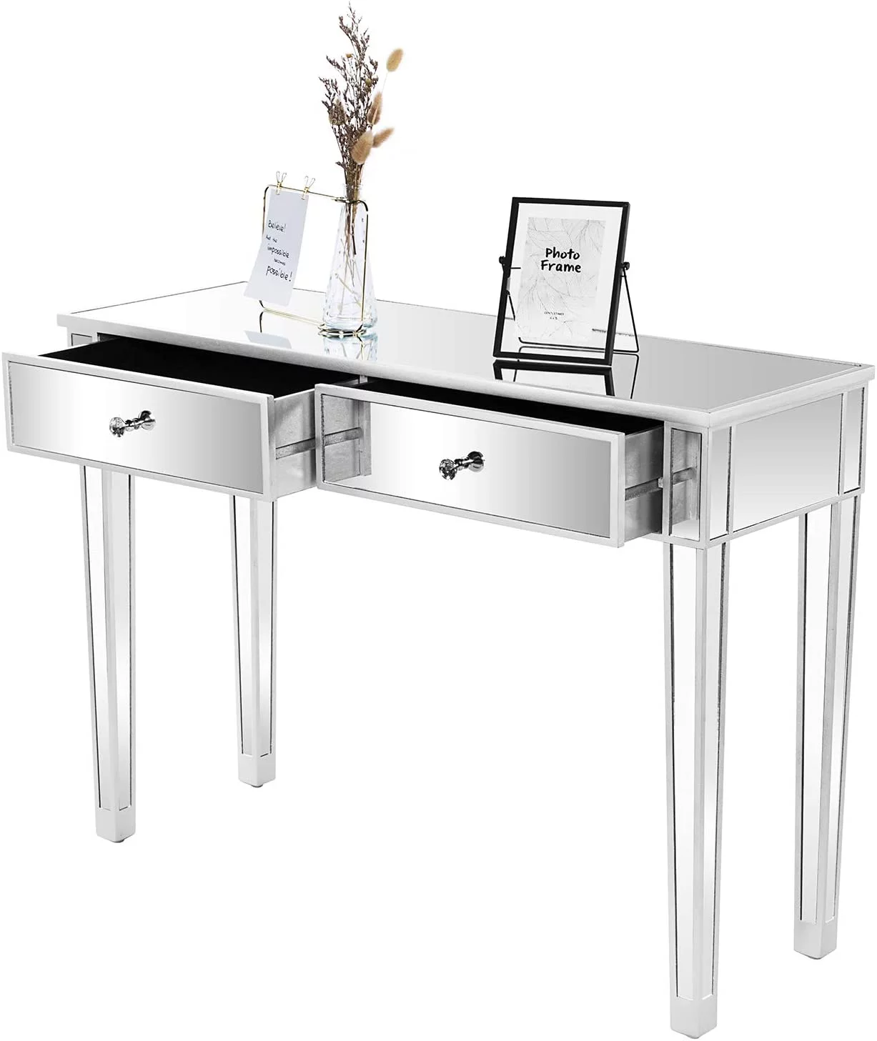 VINGLI Mirrored Console Table with 2 Drawers Mirrored Desk for Entryway Silver Vanity Table for Bedroom Modern Sofa Table