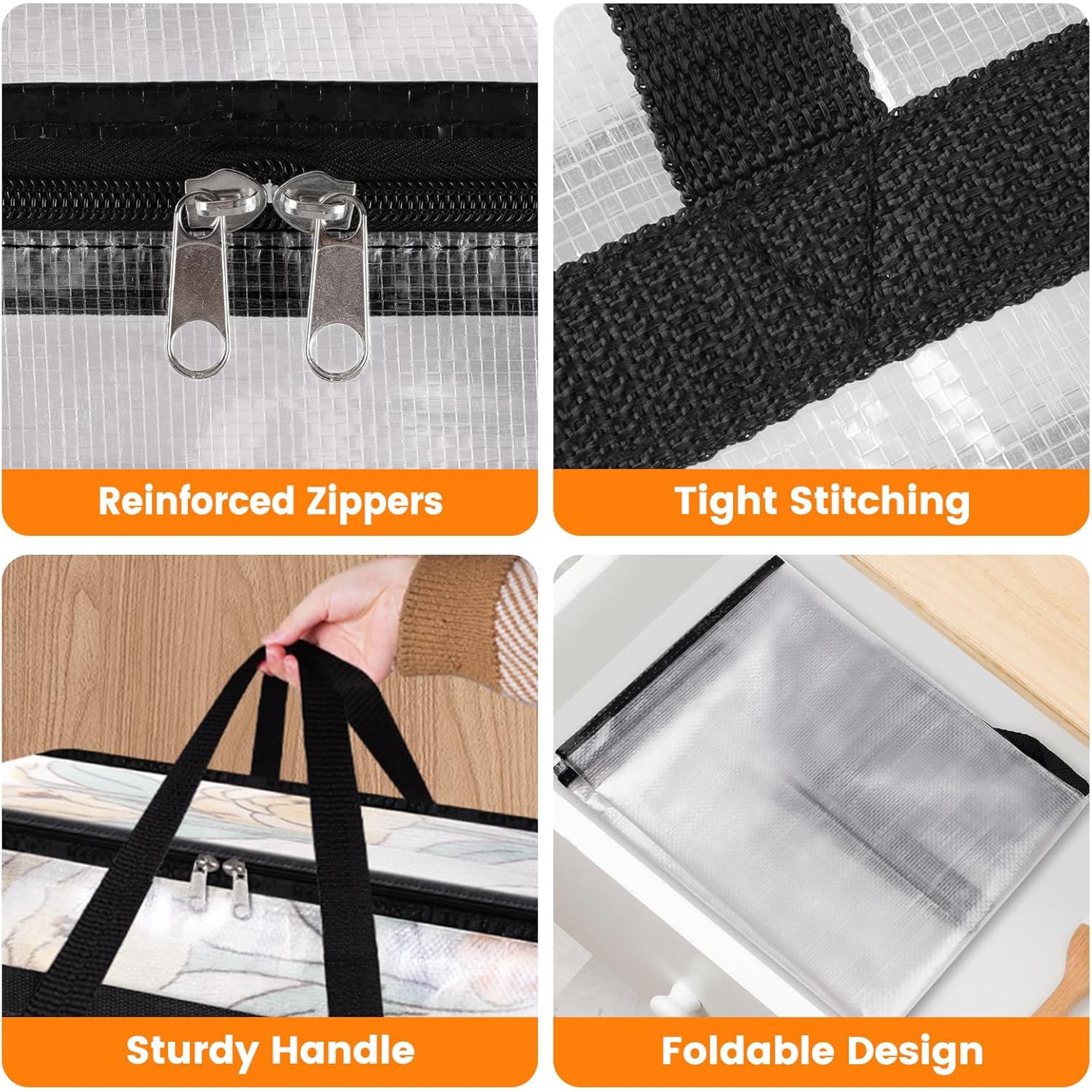 4 Pack Clear Clothes Storage Bags, Moving Bags, Foldable Blanket Storage Under Bed Storage Containers with Sturdy Zipper and Handle for Clothing, Comforter, Bedding, Sheet (40L)
