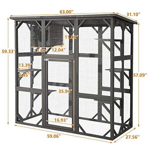 Grepatio Cat Enclosure Large Outdoor Catio Wooden Cat House with Weatherproof, Cat Cage Condo Indoor Playpen with Platform and Small House (Grey)