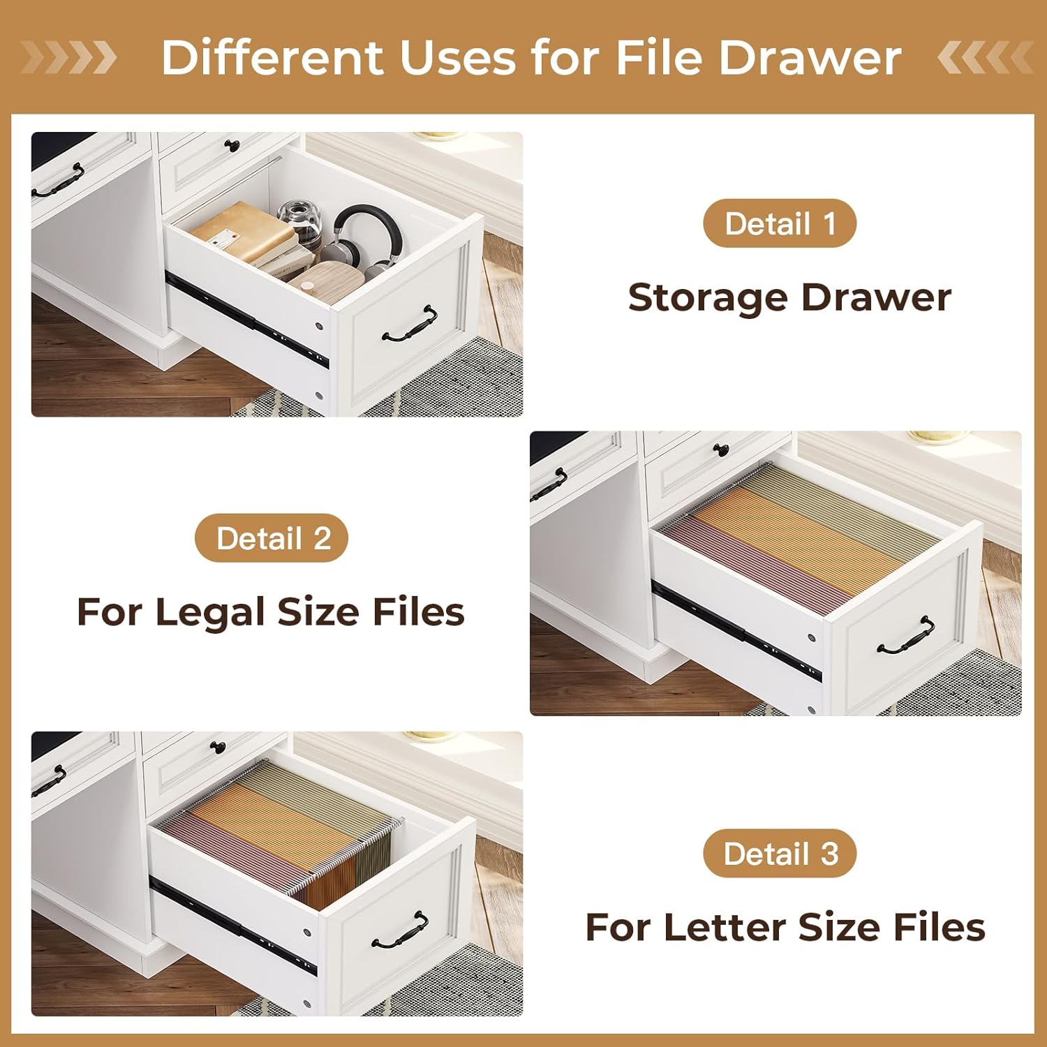 Executive Desk, Computer Desk with Drawers & Storage Cabinet, Home Office Desk with File Drawer & Monitor Stand, Writing Desk with Charging Station & LED Lights, White