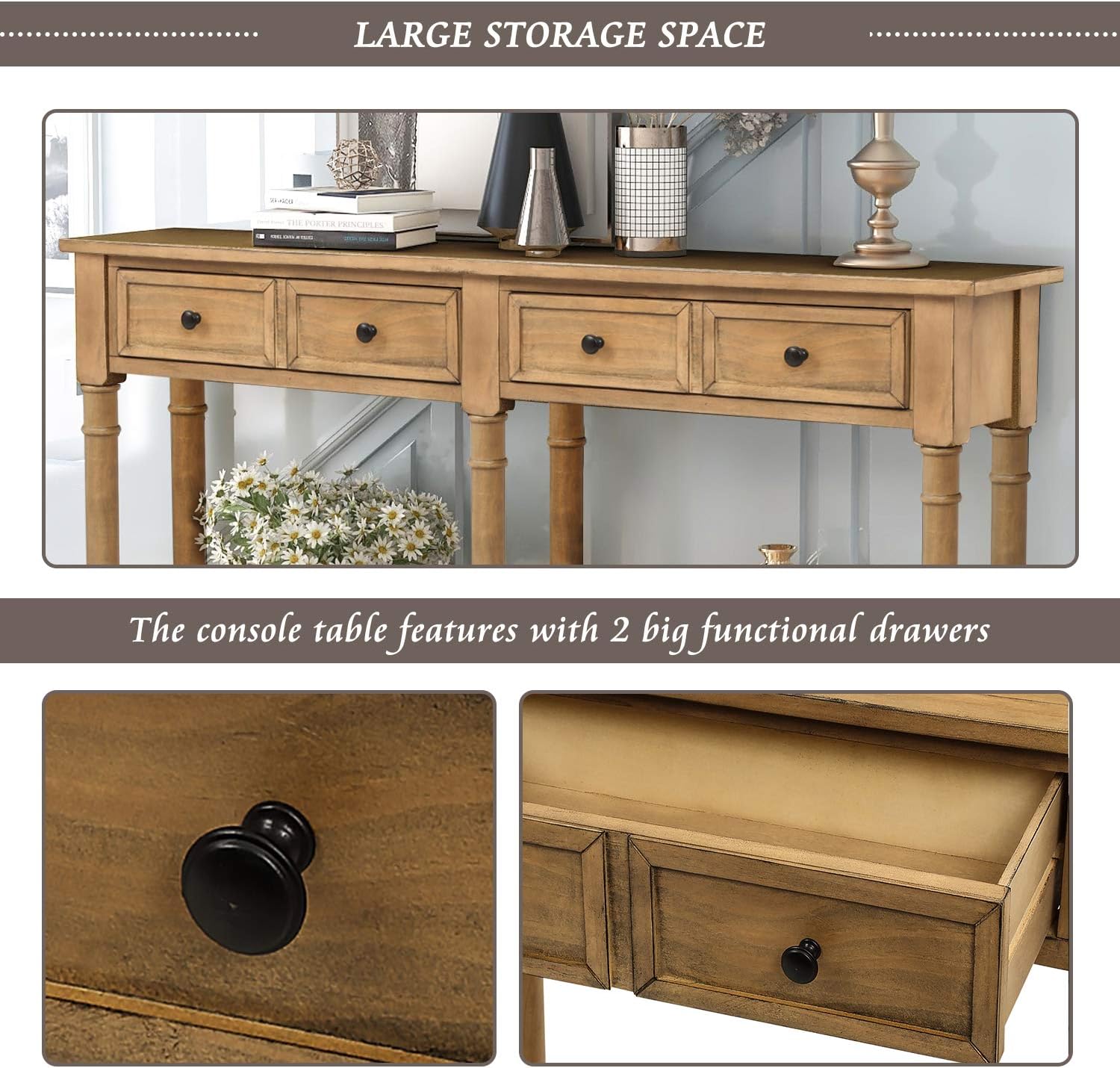 Farmhouse Console Sofa w/Two Storage Drawers & Bottom Shelf, Classic Solid Wood Entryway-Table for Living Room Bedroom Hallway, Easy to Assemble, Old Pine, 58 Inch