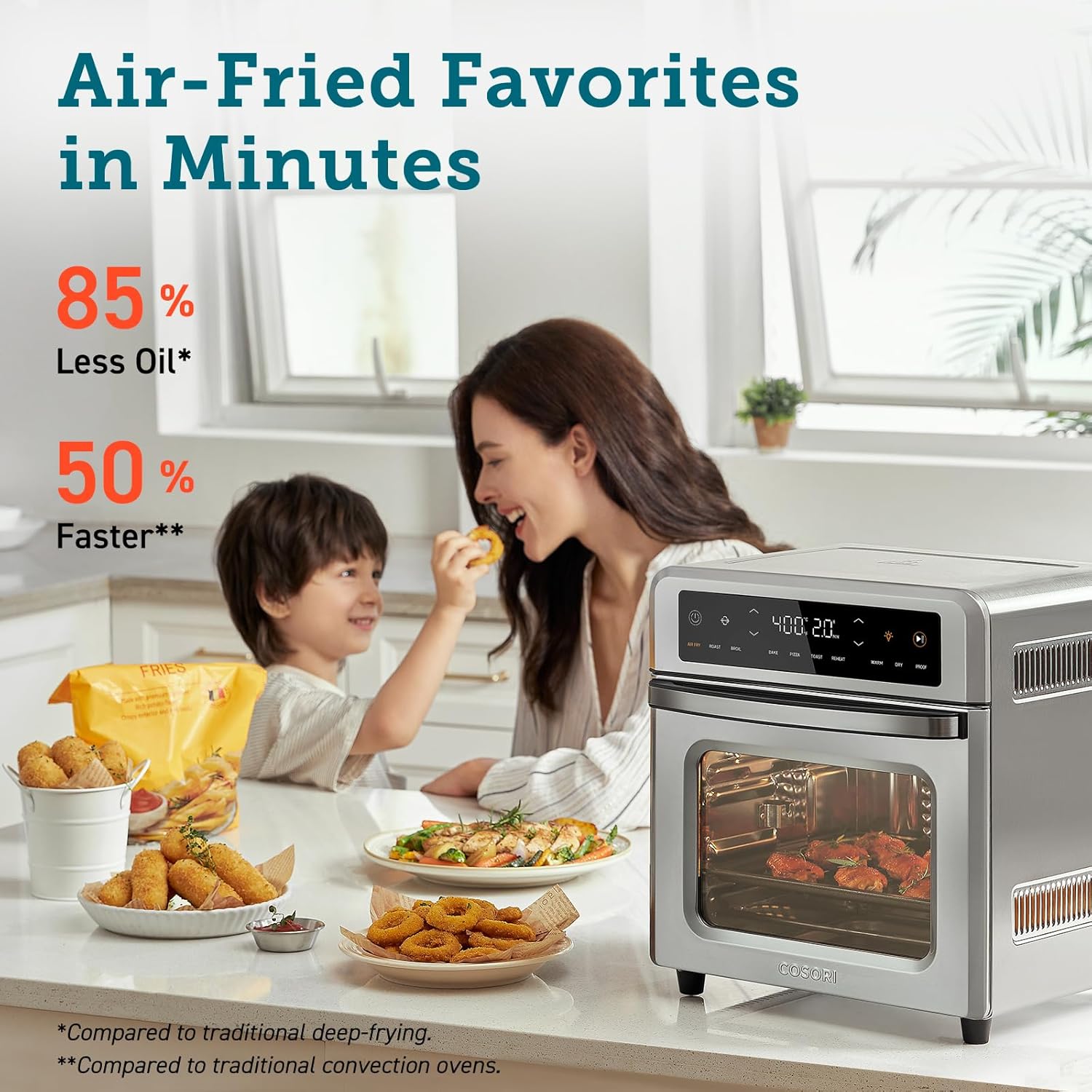 COSORI Air Fryer Toaster Oven, 13 Qt Fits 4 lbs Chicken, 11-in-1 Functions for Small Kitchen Countertop, with Rotisserie, Dehydrate, Bake, Roast, Reheat, In APP Recipes & 6 Accessories, Silver