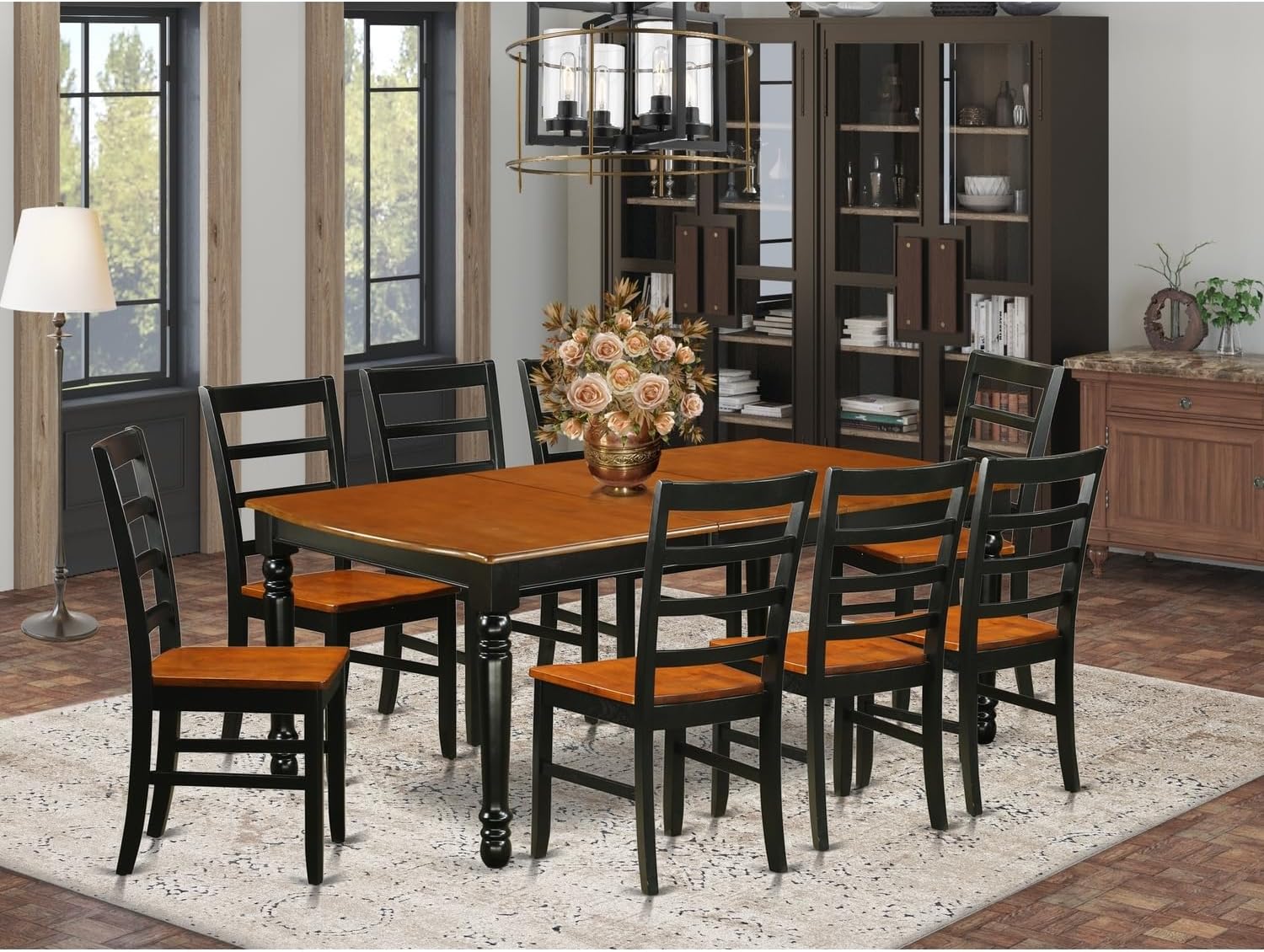 Tuscan Treats 9 Pc Kitchen Tables and Chair Set with One Dover Dining Table and 8 Kitchen Chairs in A Black and Cherry Finish
