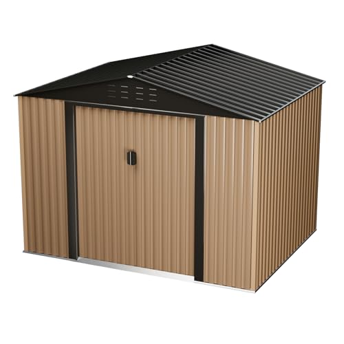 Outdoor Storage Shed, 8 x 6 FT Metal Storage Shed, Metal Garden Tool Shed with Roof, Door & Lock, Waterproof and Anti-UV, for Patio Garden Yard, Brown