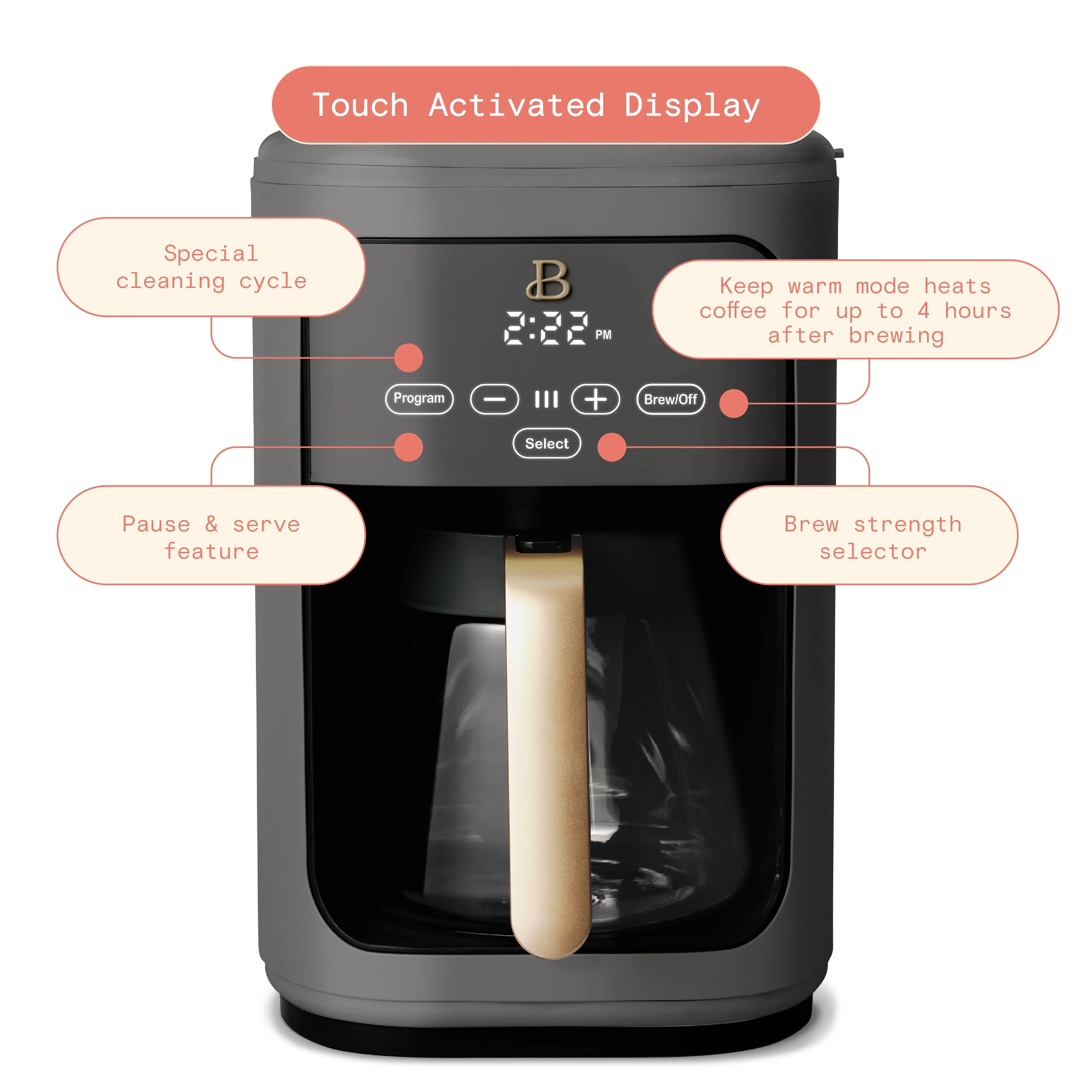 Beautiful 14-Cup Programmable Drip Coffee Maker with Touch-Activated Display, White Icing by Drew Barrymore