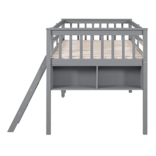 Wooden Full Size Low Loft Bed with Rolling Portable Desk and Chair,4 Cabinets，Blackboard and Slides,for Kids Boys Girls Teens Bedroom Use (White@z, Full)