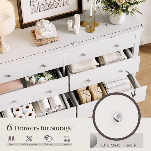 JUMMICO Dresser for Bedroom, 6 Wood Dresser Drawers, Wide Chest of Drawers, Storage Tower Unit, Modern Design for Bedroom, Living Room, Hallway, Entryway (Dark Brown)