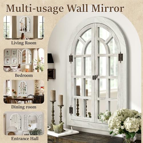 Arched Wall Mirror -Window Mirrors for Wall Decor Wood Frame Farmhouse Decor Like Window for Bedroom, Living Room, Entrance, Dining Room