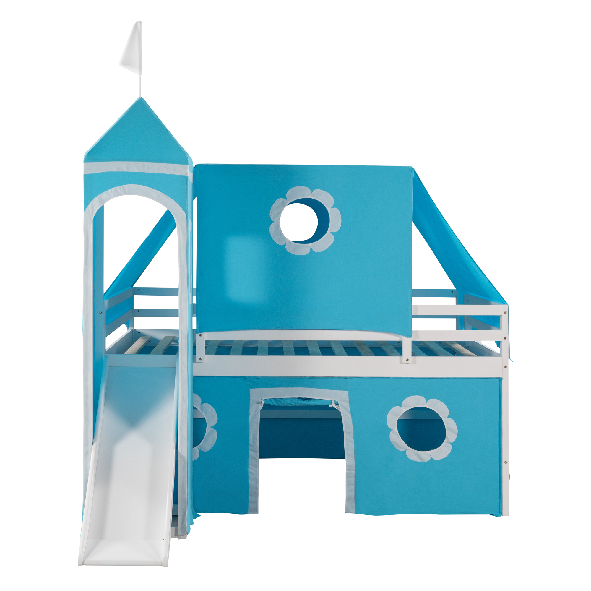 Wood Bunk Bed with Ladder & Safety Guardrail, Solid Wood Bed Frame for Dormitory & Multiple-Child Family, Bunk Bed with Slide Blue Tent and Tower(Blue, Full)