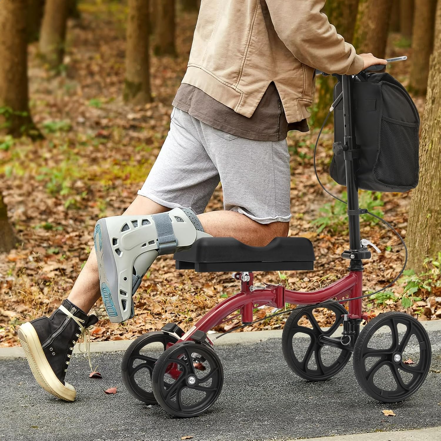 Knee Walker Compact All Terrain 10'' Front Wheels Adjustable Height Knee Scooter with Dual Braking System and Removable Storage for Ankle and Foot Injured, 350lbs Load Capacity, Red