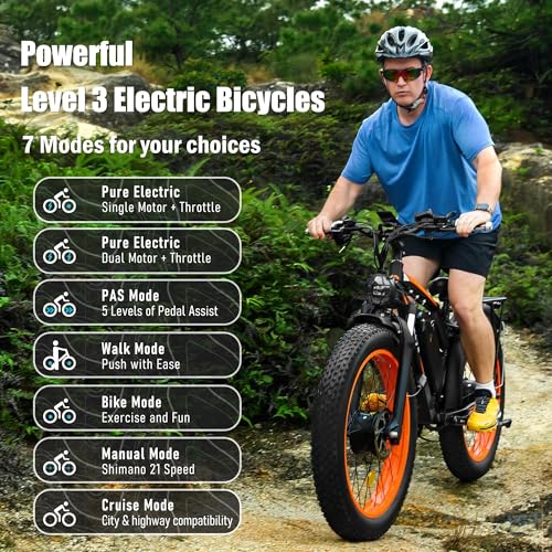 Dual Motor Ebike,52V 23AH Battery Electric Bike for Adults AWD 2000W,21-Speed 35MPH Mountain Snow Ebike with Removable,26" x 4.0 Fat Tire E-Bike with High-Capacity Cycling Pannier Bag