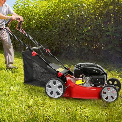 20-Inch Gas Push Lawn Mower | 141CC 4-Cycle Engine | Self Propelled Lawn Mower | Side Discharge | High Rear Wheels | 7-Position Single Wheel Height Adjustment (Red)