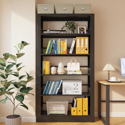 5-Tier Bookshelf, Black Bookcase with Adjustable Storage Shelves, Freestanding Bookcases and Bookshelves, Wide Bookshelf for Home Office, Living Room, Bed Room, Including Book Stopper (Black)